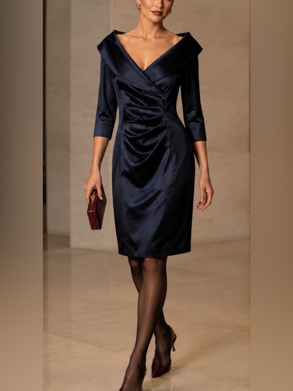 Kay Unger Navy Satin Off-Shoulder Sheath Midi Dress